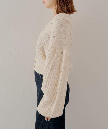 【SALON by Chico】花卉水鑽翻領寬鬆針織開衫