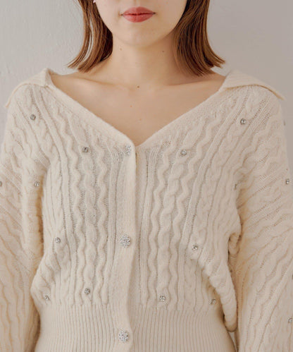 【SALON by Chico】花卉水鑽翻領寬鬆針織開衫