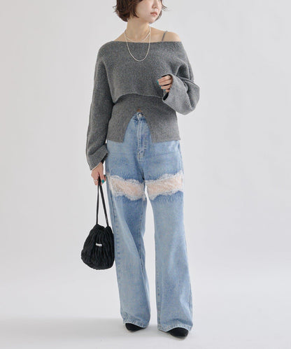 交叉針織開叉吊帶套裝