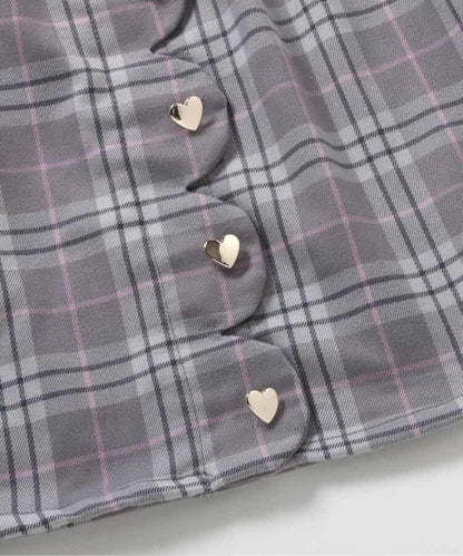 愛心紐扣波浪邊拼接連衣裙