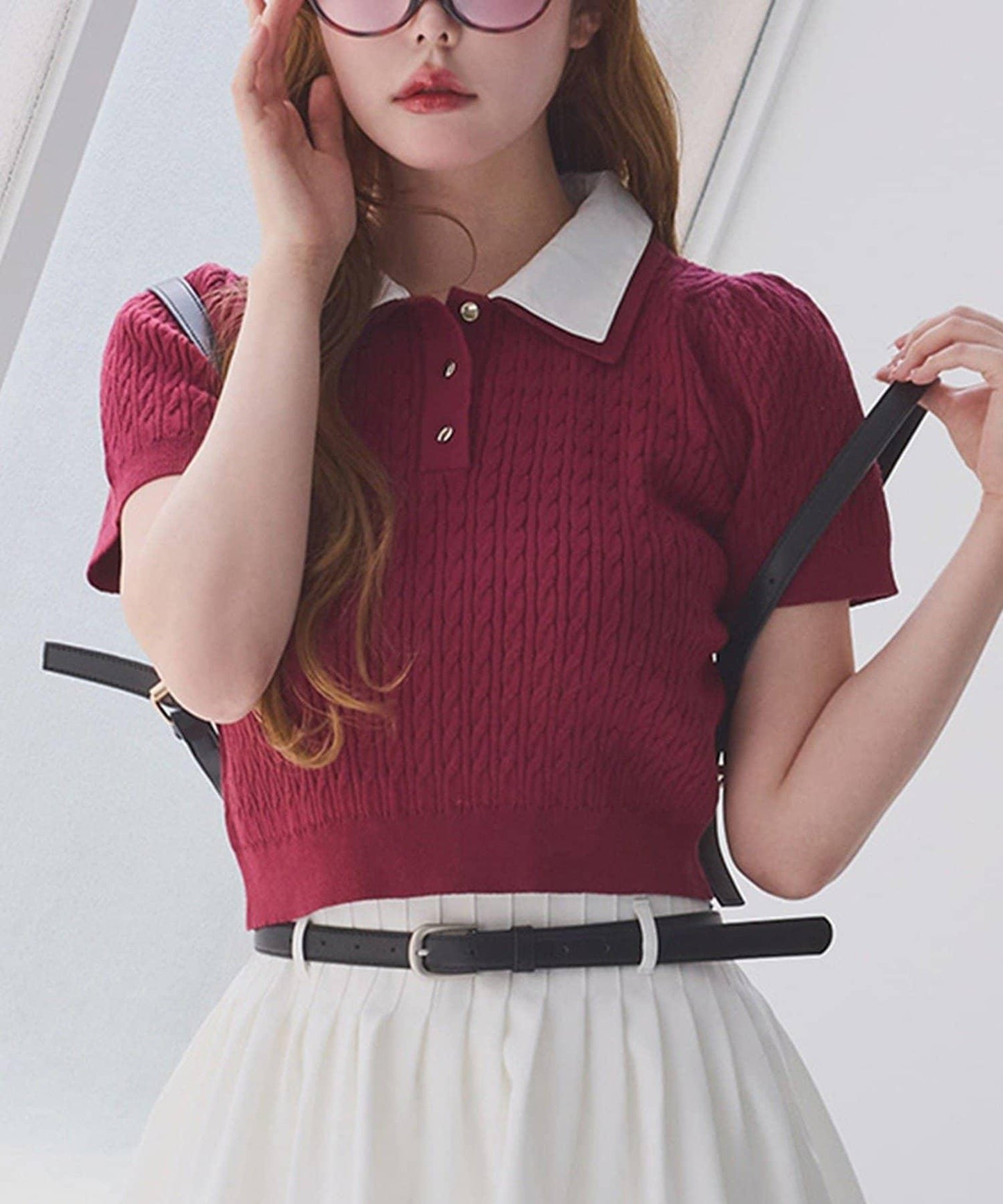 【one after another】2件裝翻領麻花針織衫