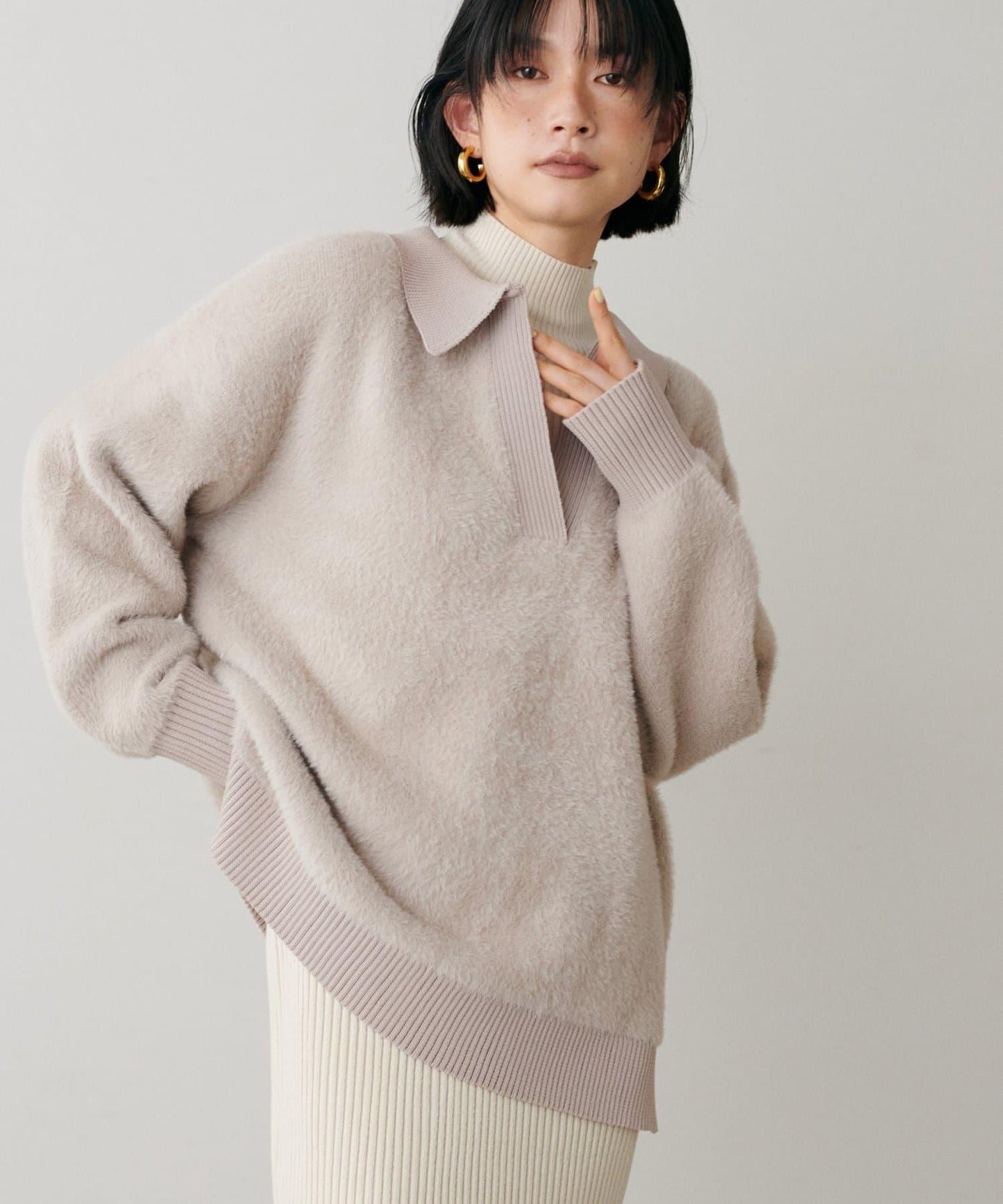 翻領長毛針織套頭衫