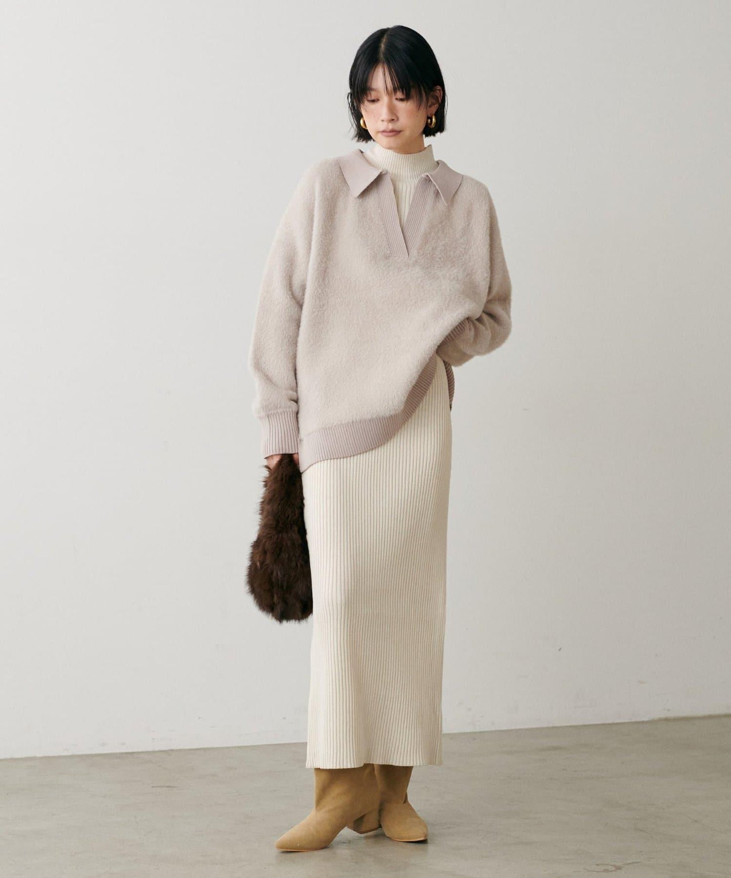 翻領長毛針織套頭衫