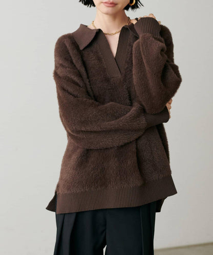 翻領長毛針織套頭衫