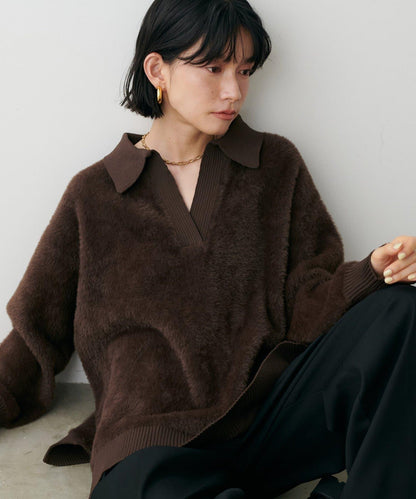 翻領長毛針織套頭衫
