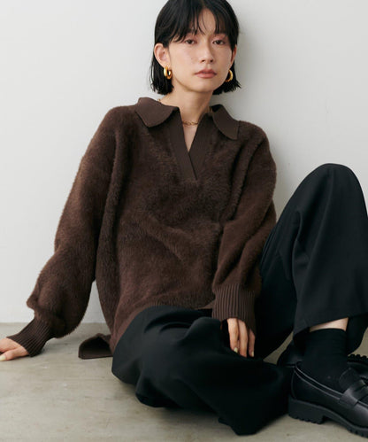 翻領長毛針織套頭衫
