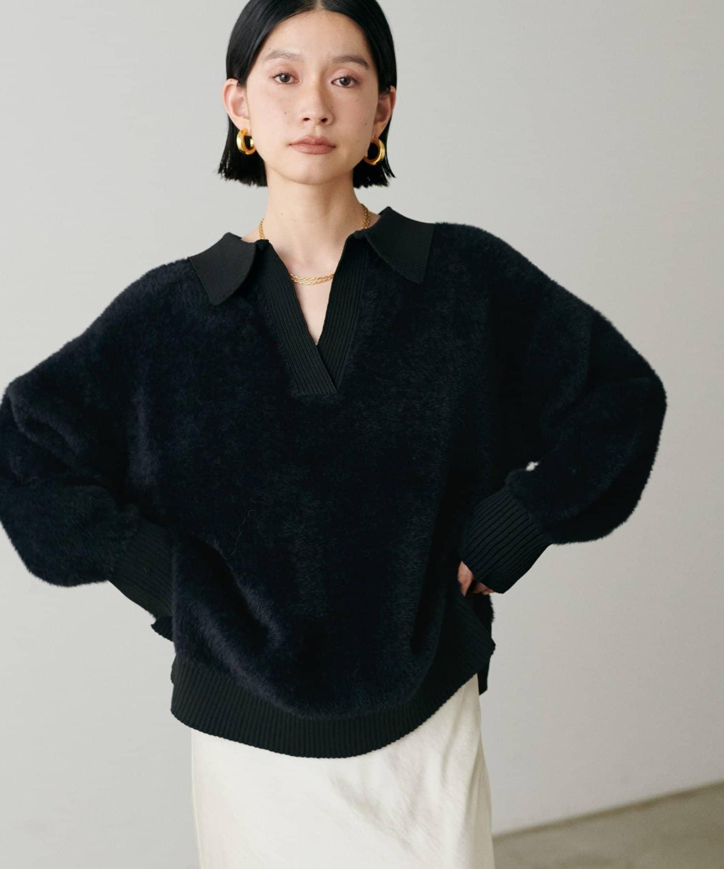 翻領長毛針織套頭衫