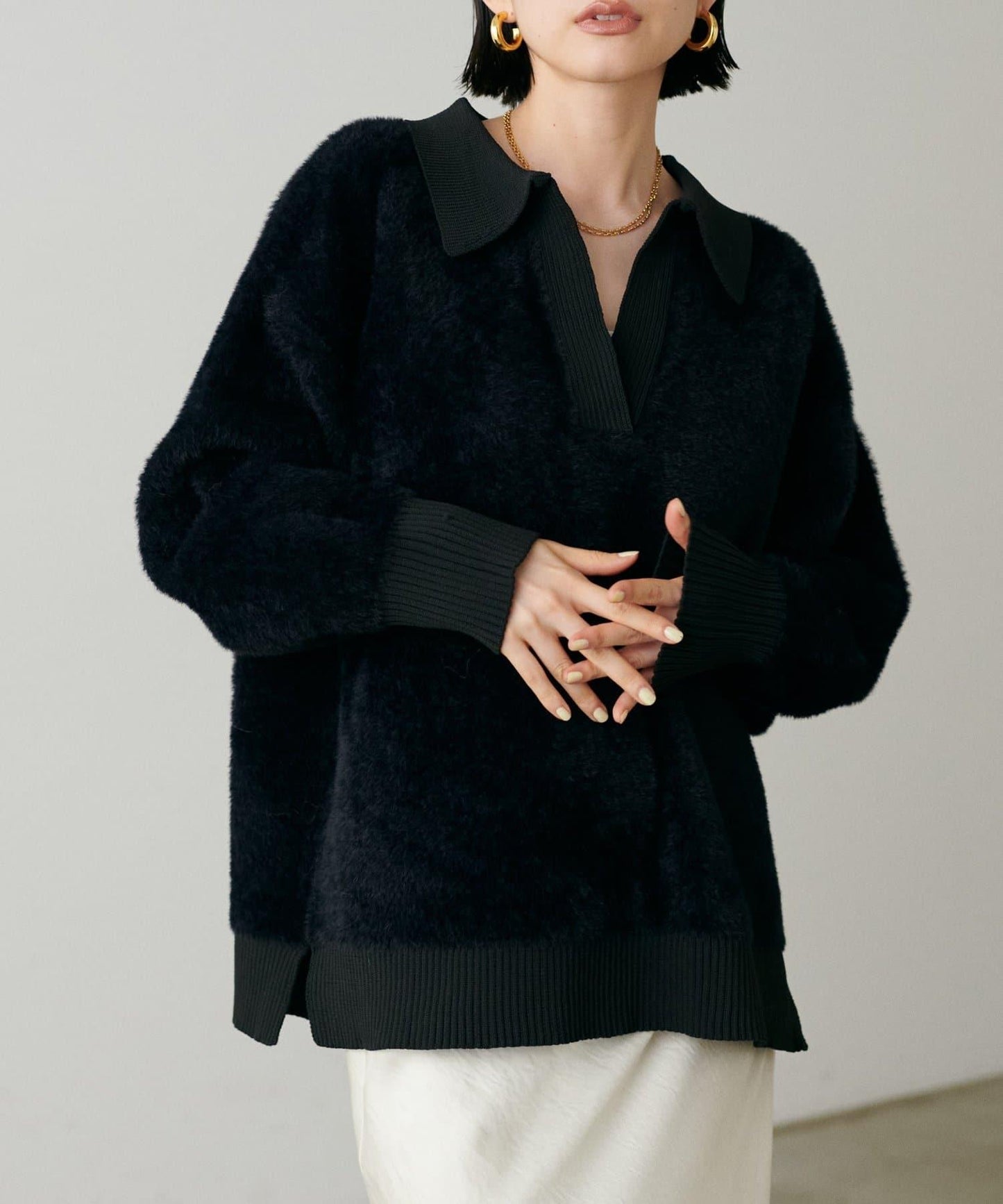 翻領長毛針織套頭衫