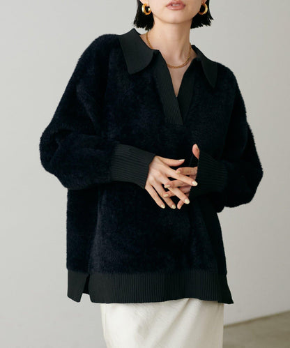 翻領長毛針織套頭衫
