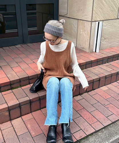 【PON企畫】顯瘦前後兩穿毛絨針織吊帶長款上衣