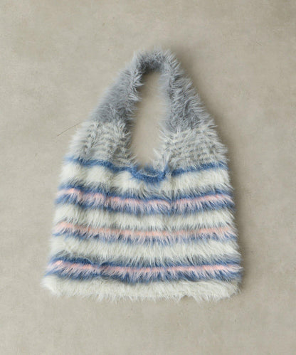 【cache cache カシュカシュ】多色條紋毛絨托特包