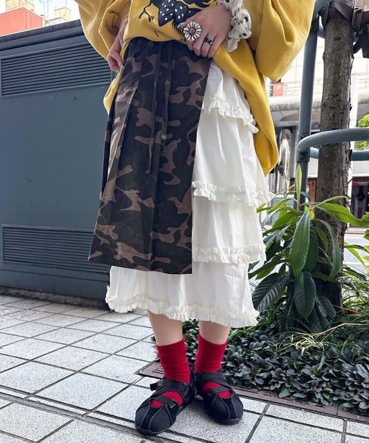 蕾絲拼接迷彩半身裙