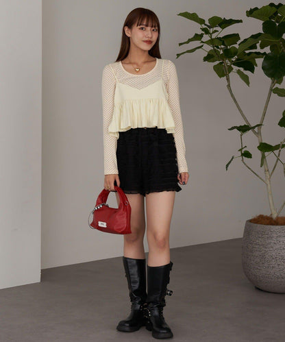 泡泡袖荷葉邊吊帶上衣