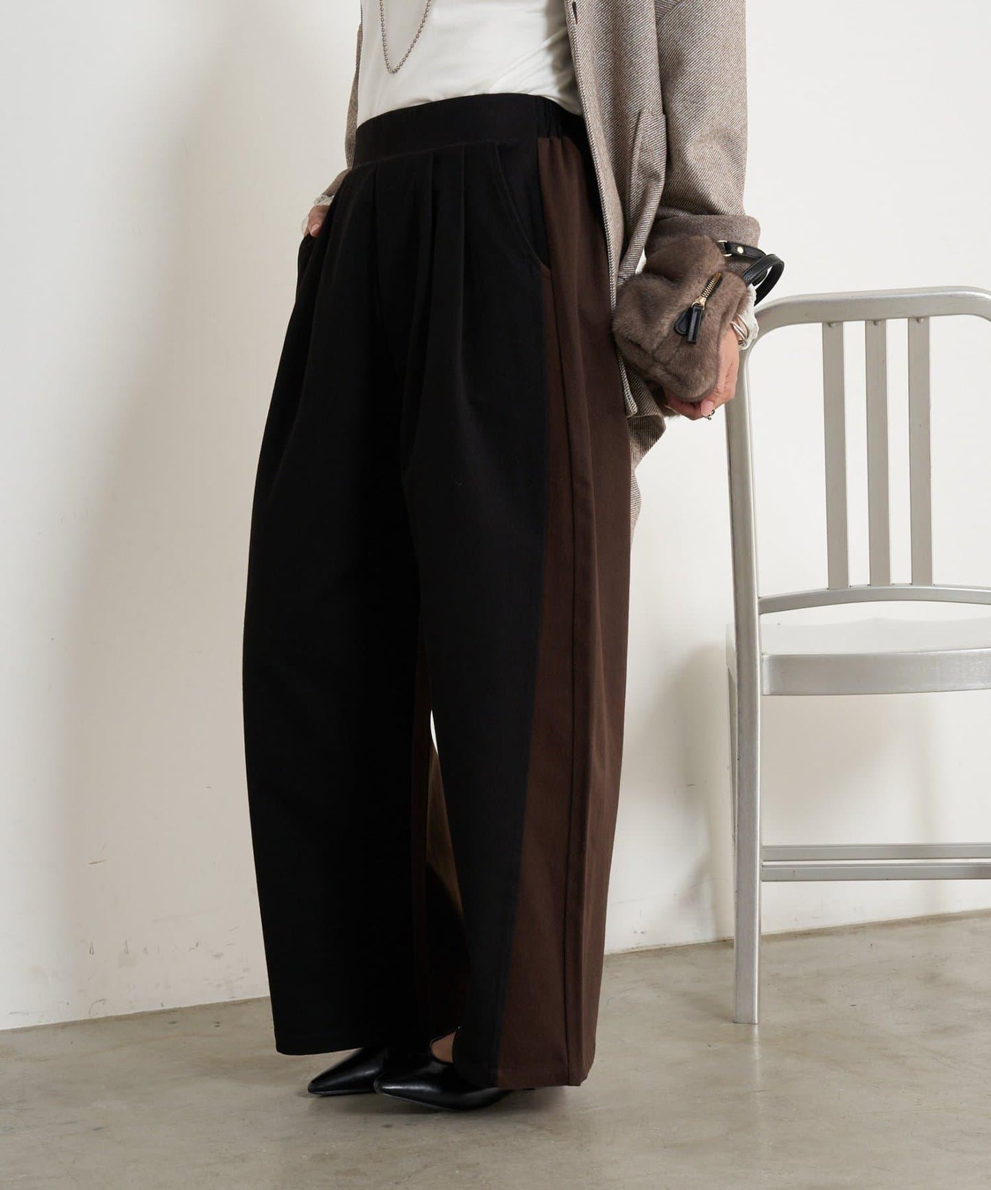 微絨拼色寬腿褲