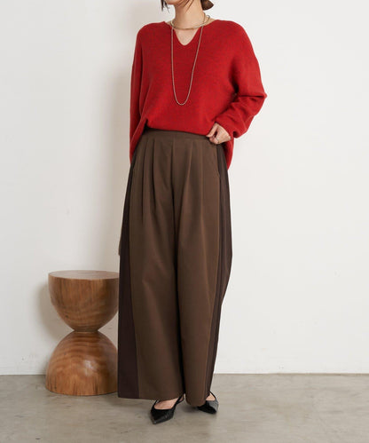 微絨拼色寬腿褲