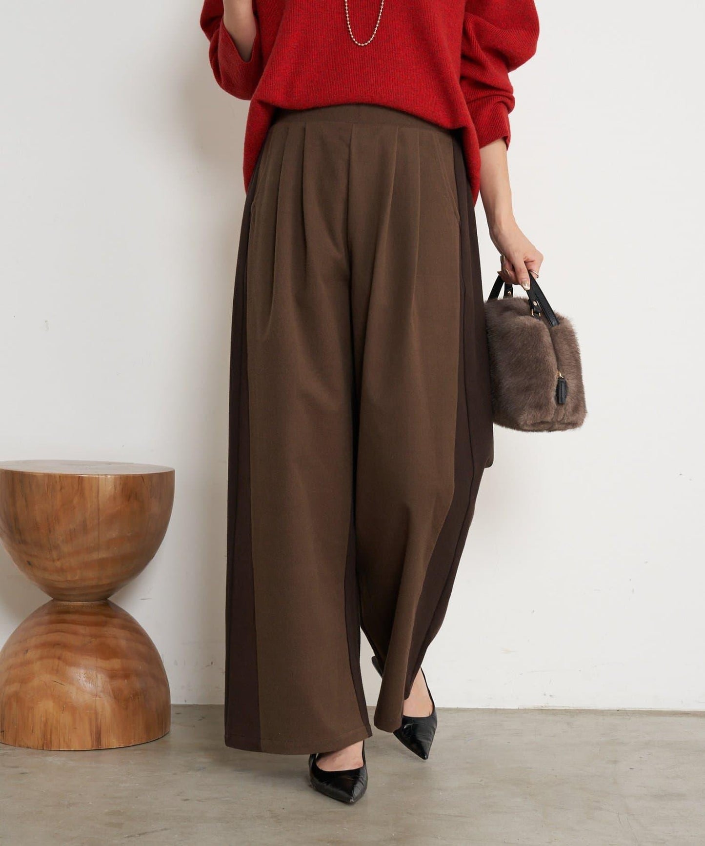 微絨拼色寬腿褲