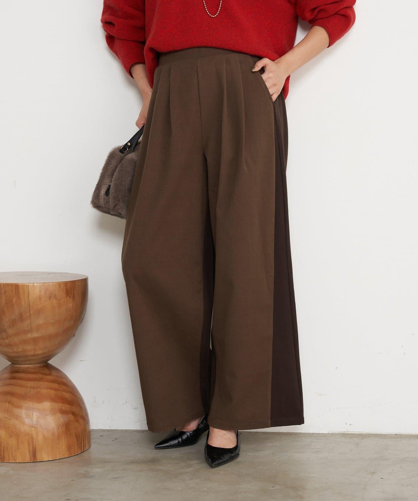 微絨拼色寬腿褲