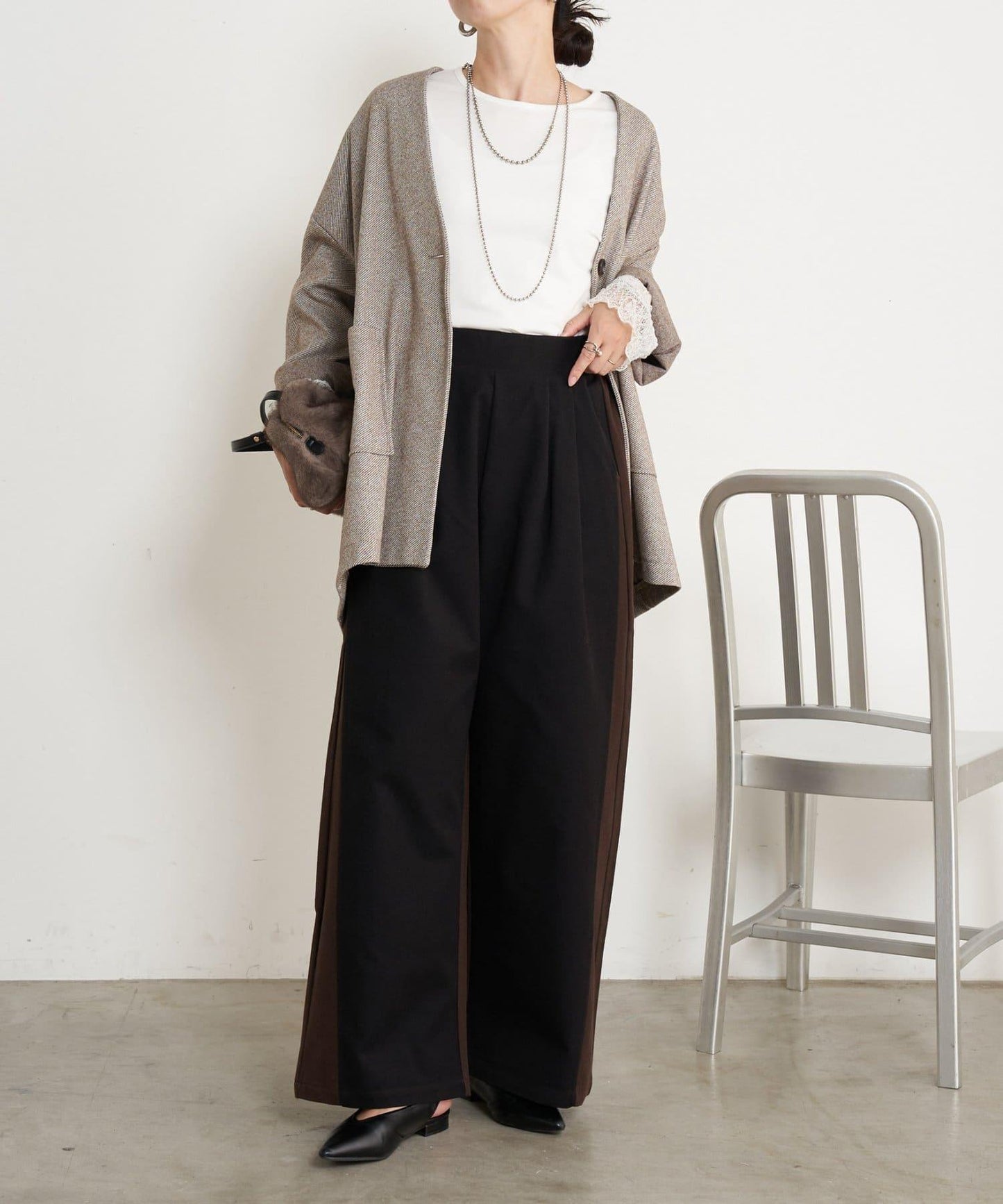 微絨拼色寬腿褲