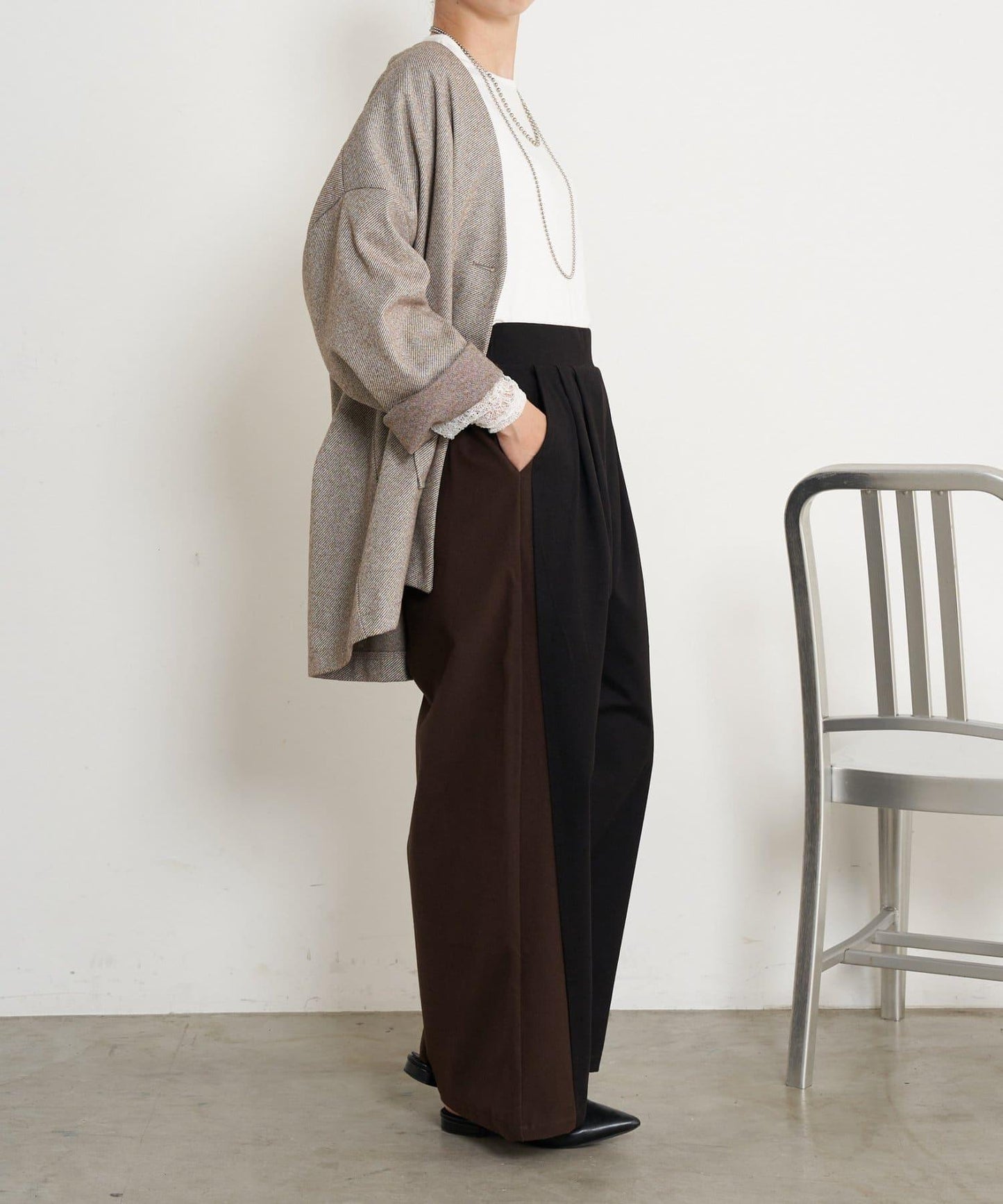 微絨拼色寬腿褲