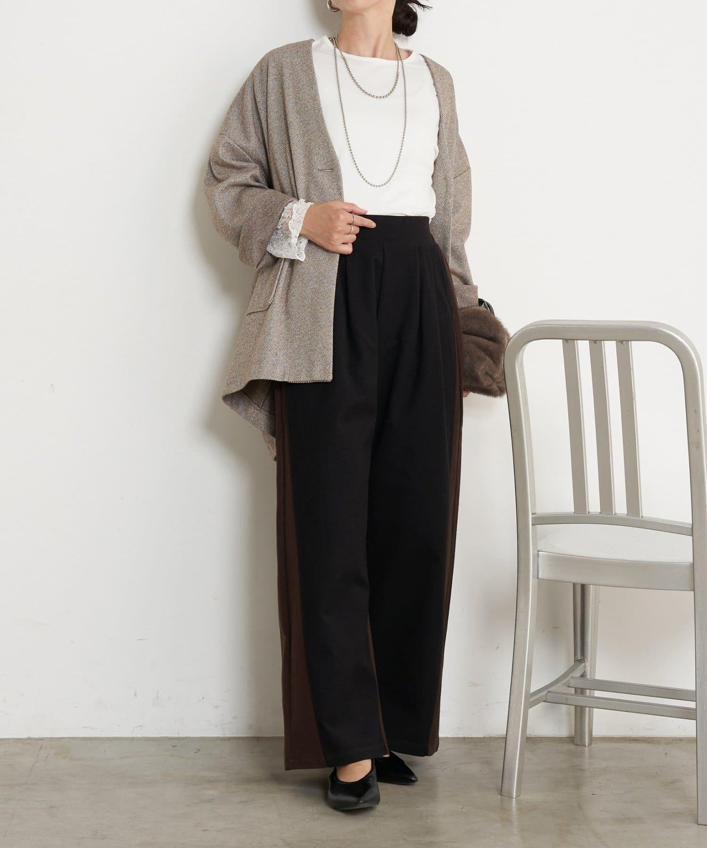 微絨拼色寬腿褲