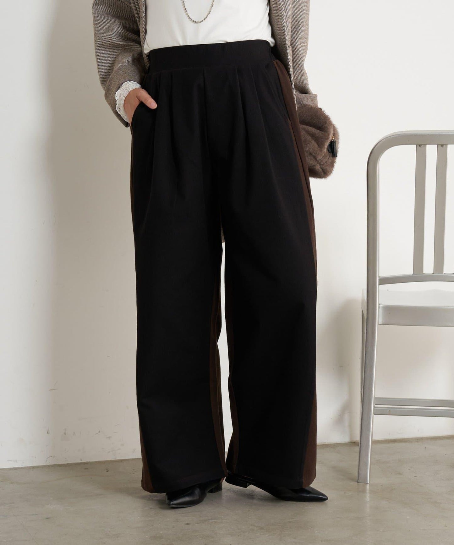 微絨拼色寬腿褲