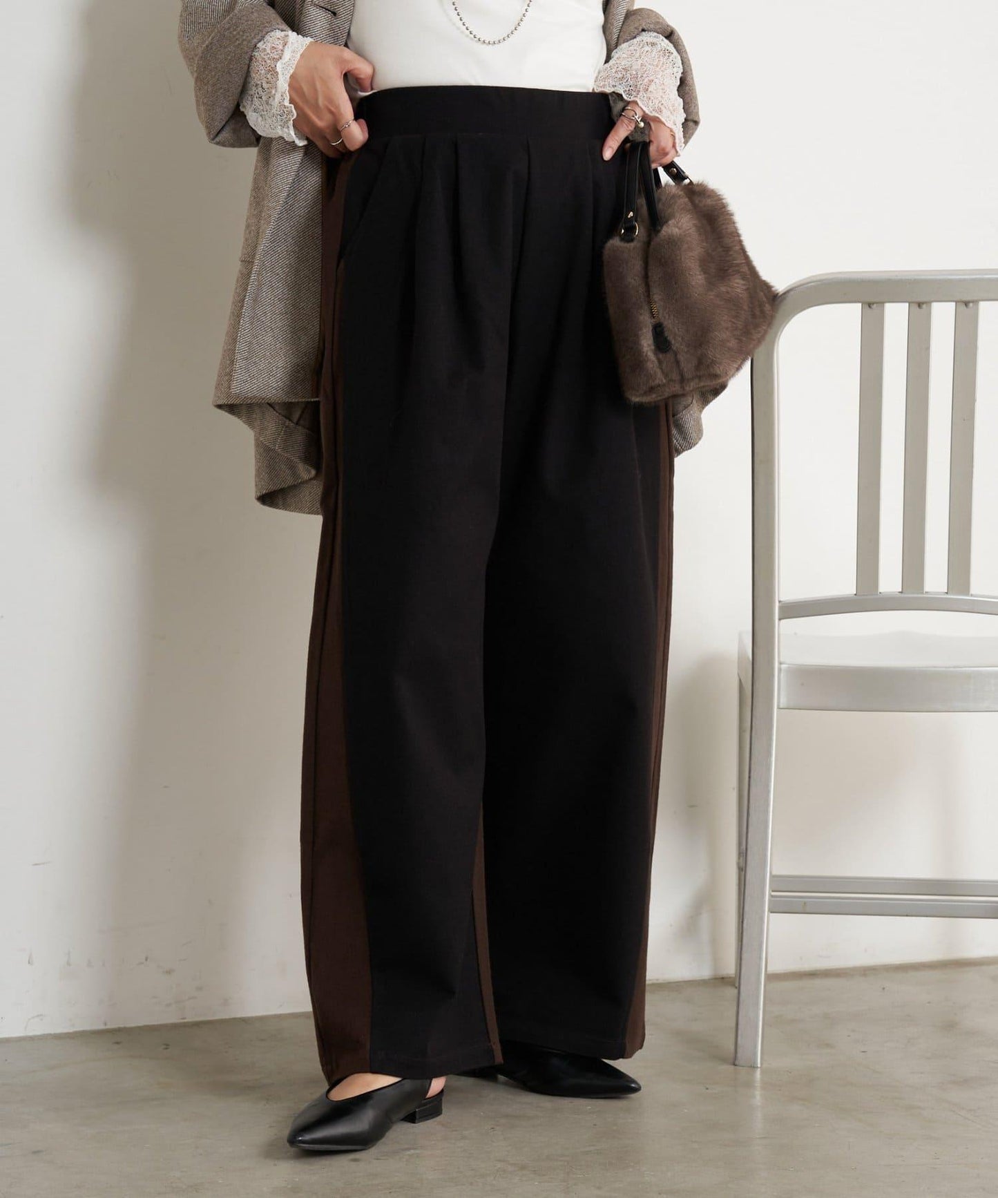微絨拼色寬腿褲