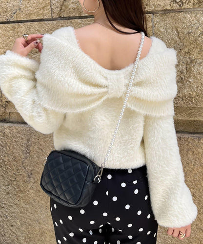 【前後兩穿】一字肩蝴蝶結毛絨針織衫