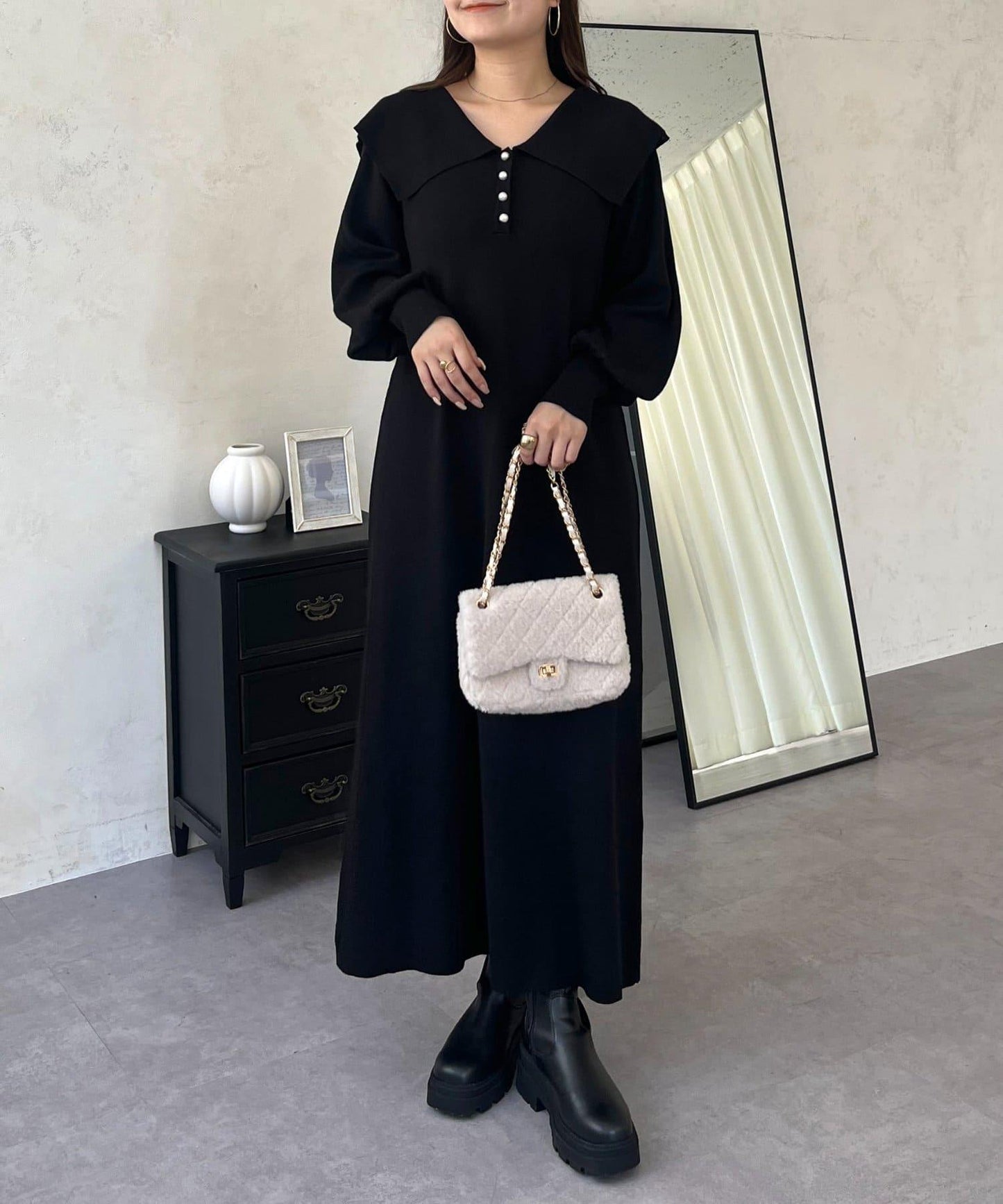 珍珠紐扣水手領針織連衣裙