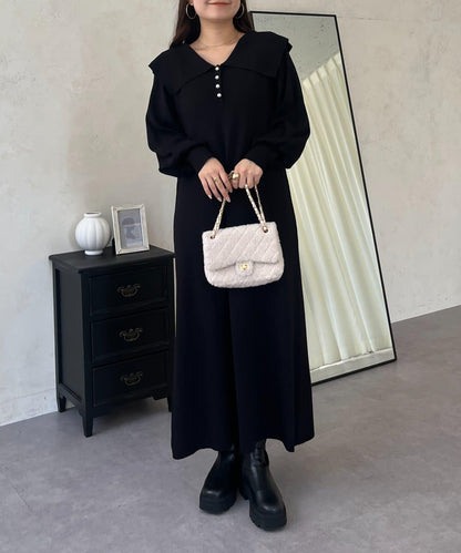 珍珠紐扣水手領針織連衣裙