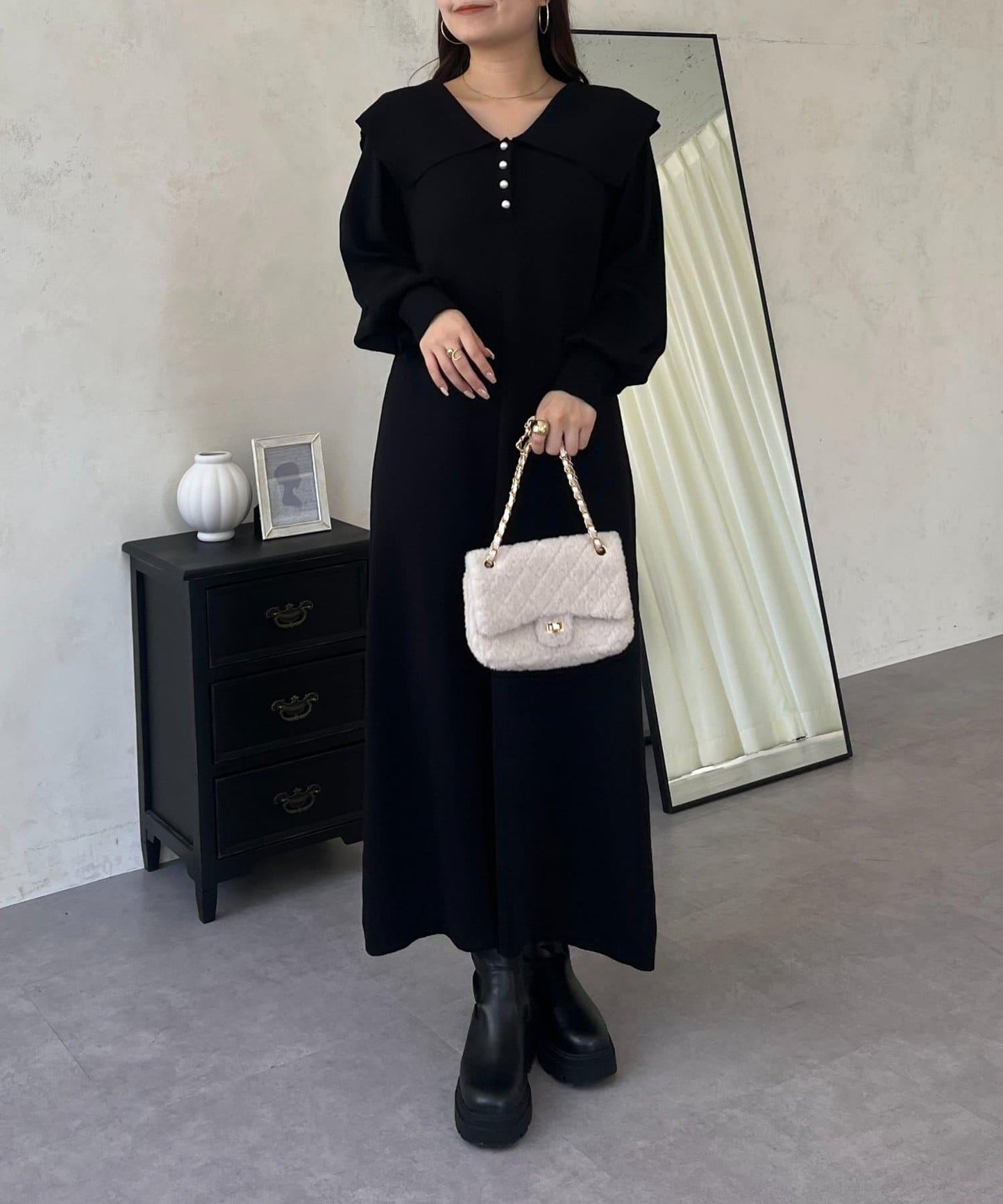 珍珠紐扣水手領針織連衣裙