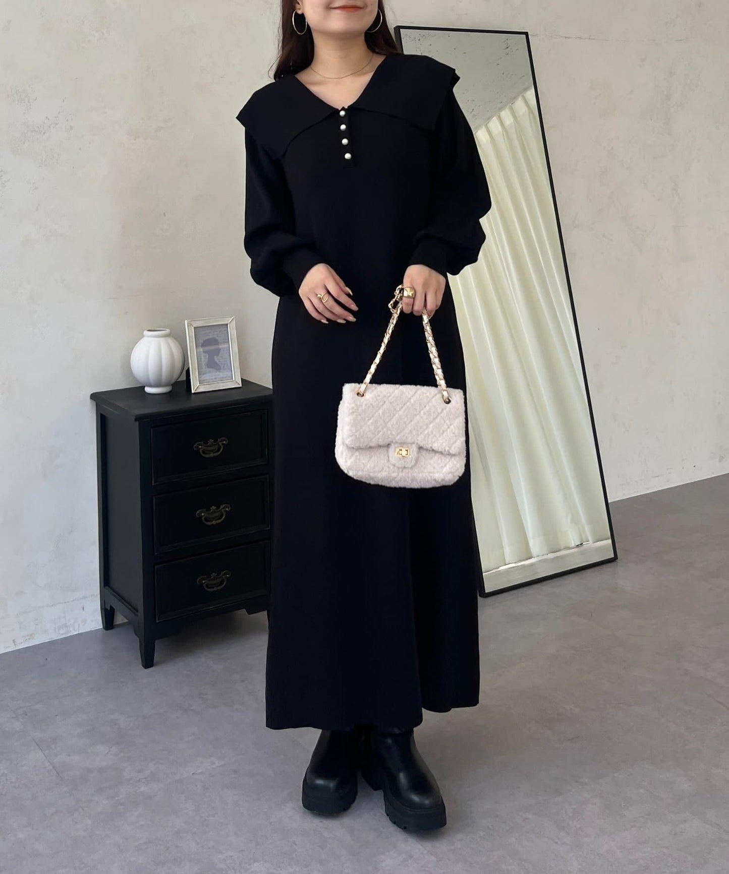 珍珠紐扣水手領針織連衣裙