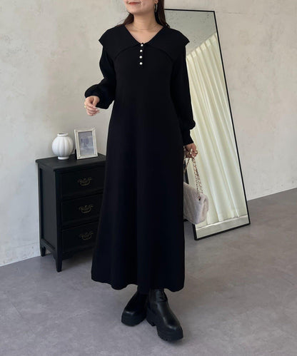 珍珠紐扣水手領針織連衣裙