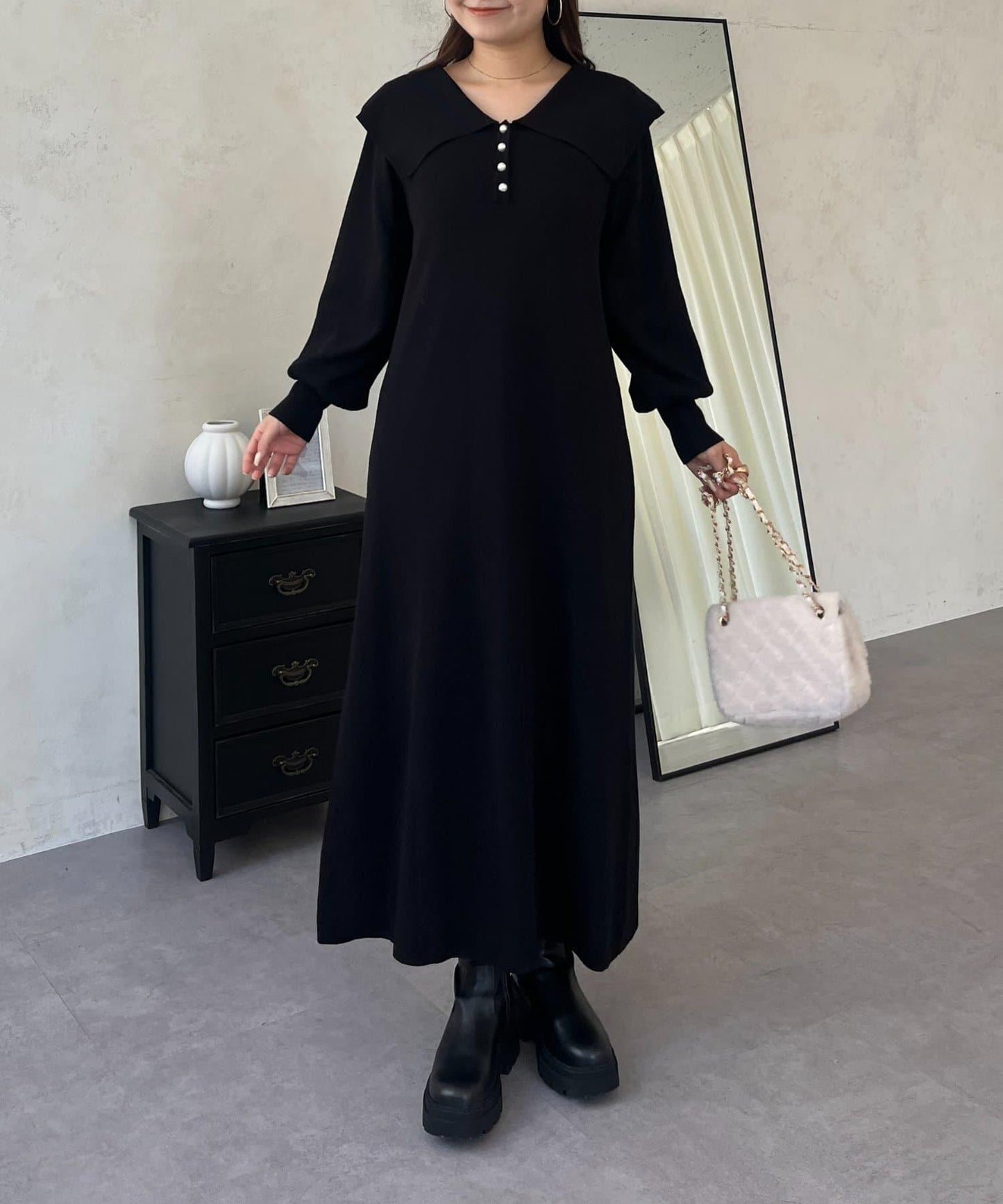 珍珠紐扣水手領針織連衣裙