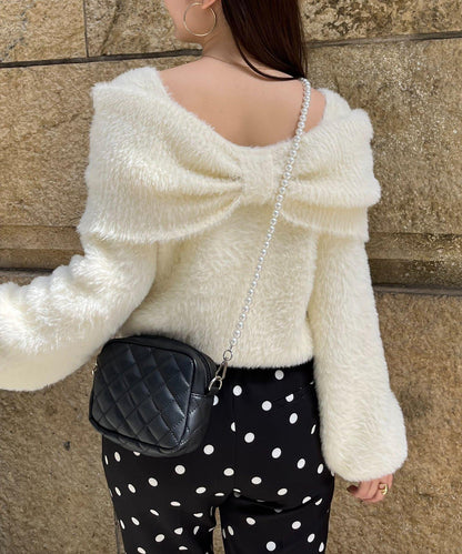 【前後兩穿】一字肩蝴蝶結毛絨針織衫