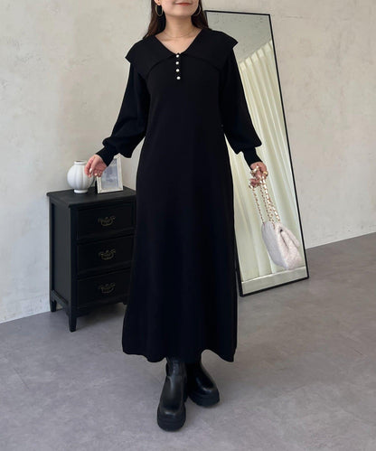 珍珠紐扣水手領針織連衣裙