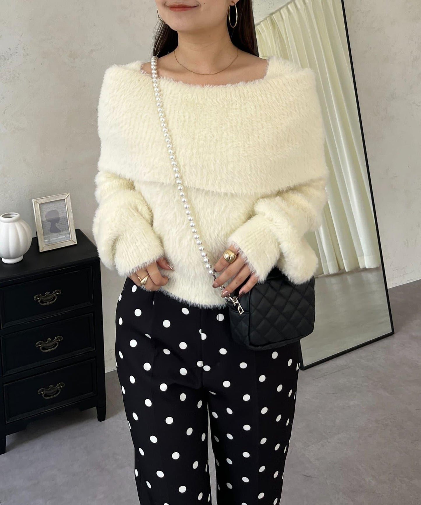 【前後兩穿】一字肩蝴蝶結毛絨針織衫