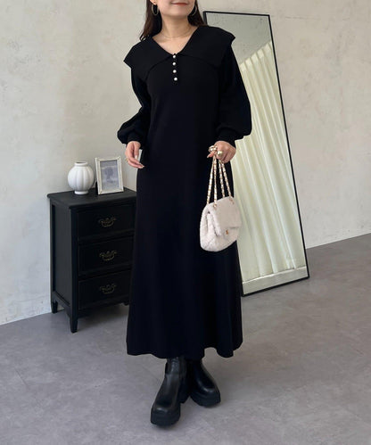 珍珠紐扣水手領針織連衣裙