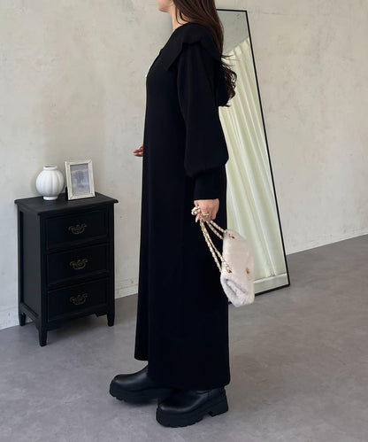 珍珠紐扣水手領針織連衣裙