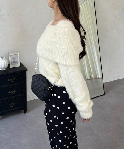 【前後兩穿】一字肩蝴蝶結毛絨針織衫