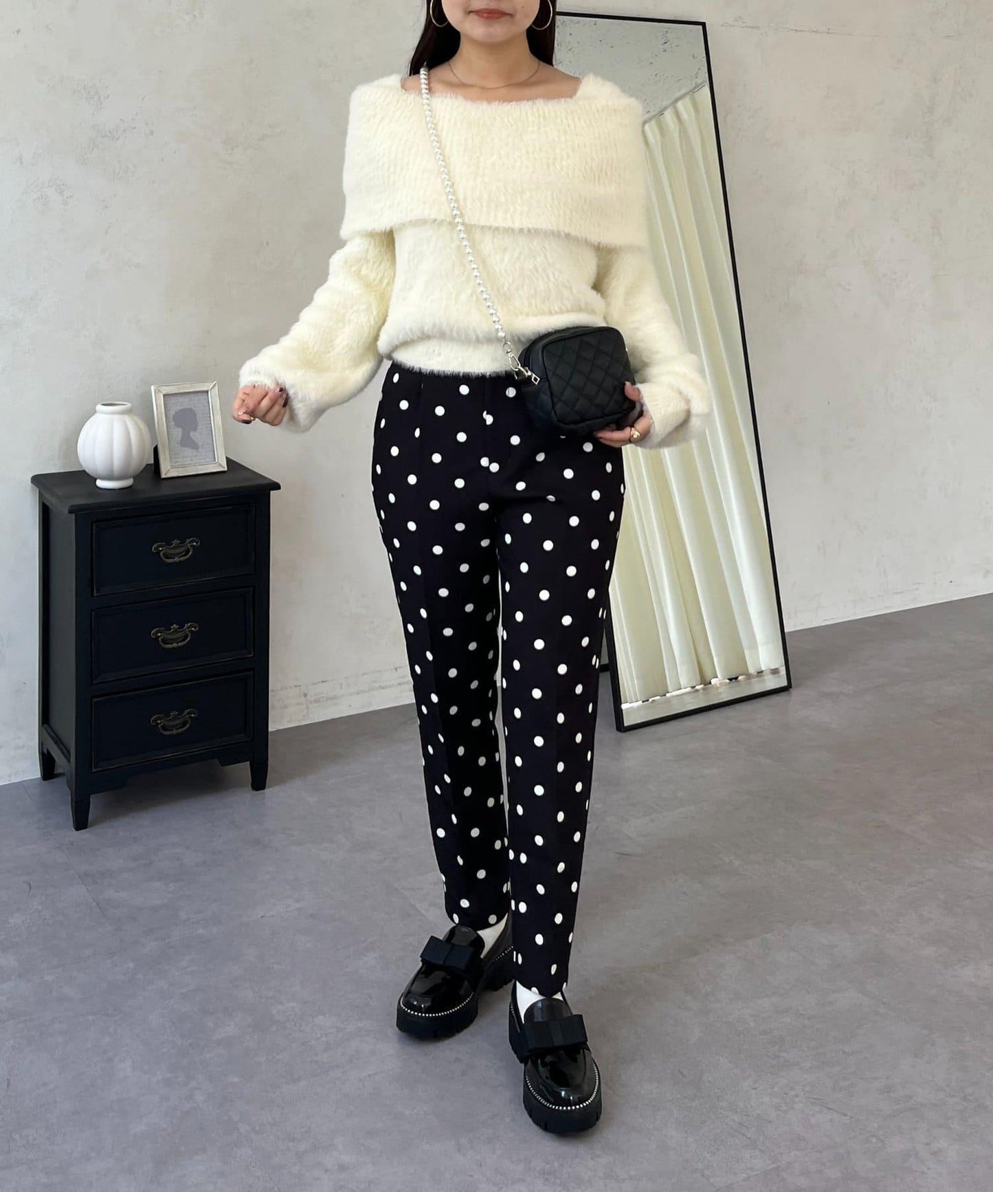 【前後兩穿】一字肩蝴蝶結毛絨針織衫