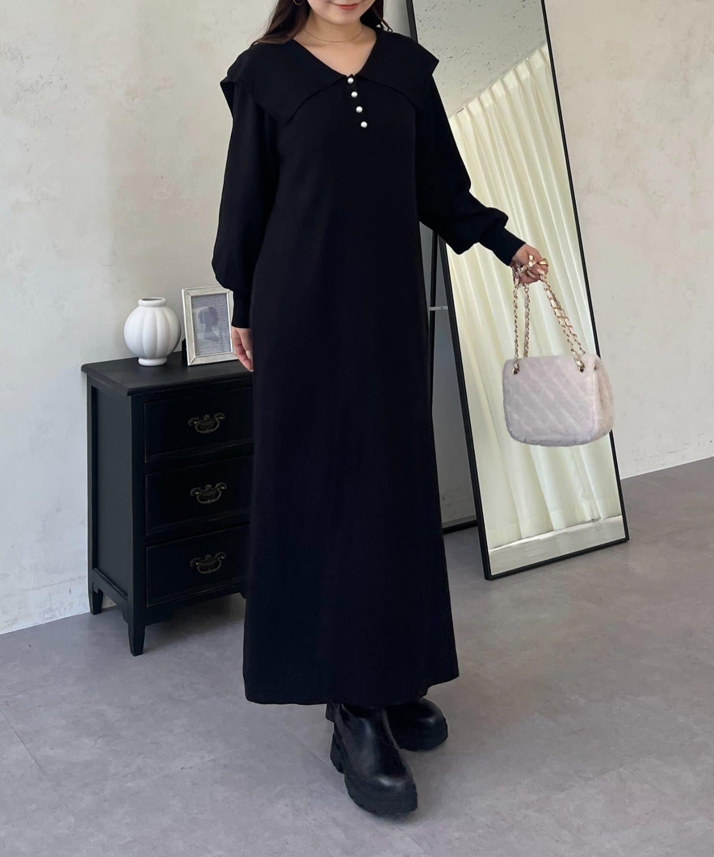 珍珠紐扣水手領針織連衣裙