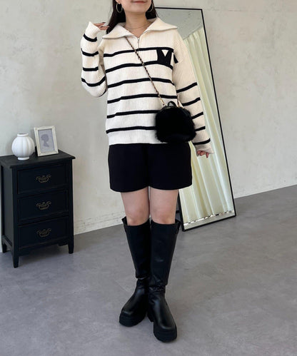 徽章標誌半拉鍊條紋針織衫