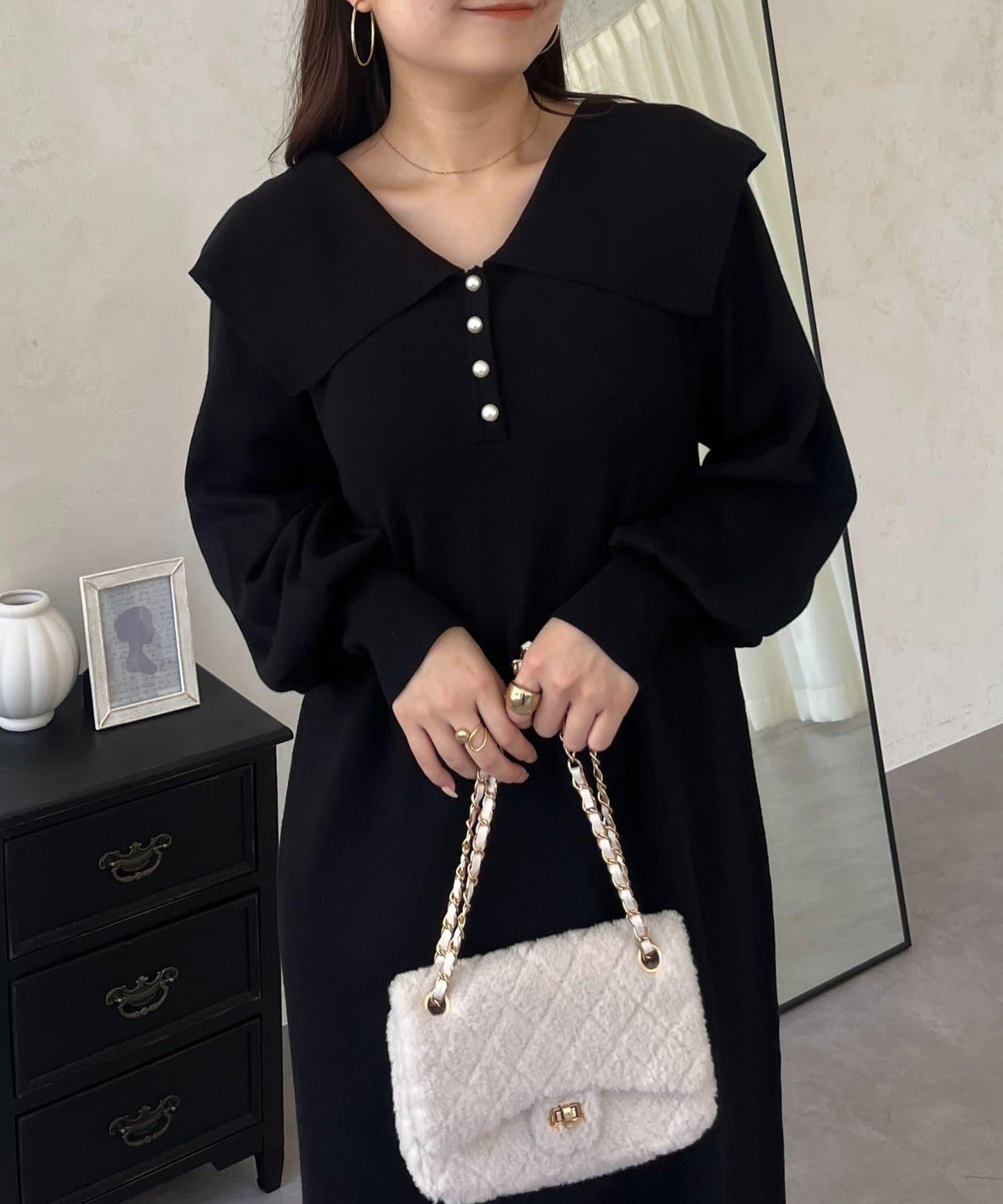 珍珠紐扣水手領針織連衣裙