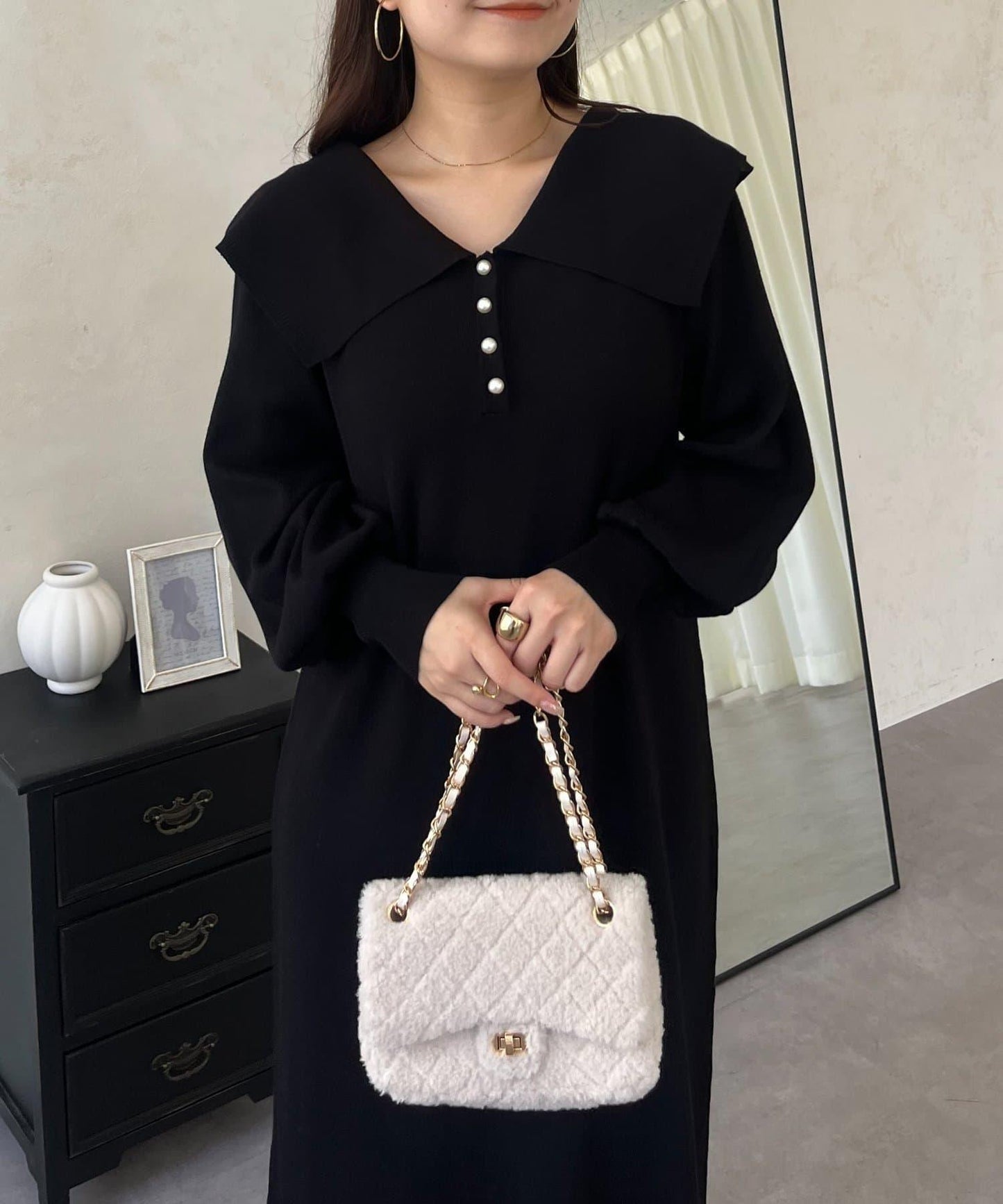 珍珠紐扣水手領針織連衣裙