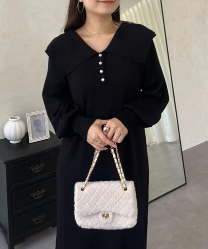 珍珠紐扣水手領針織連衣裙