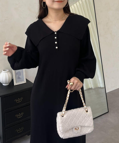 珍珠紐扣水手領針織連衣裙