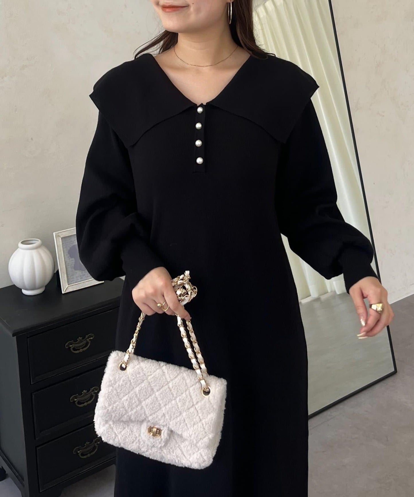 珍珠紐扣水手領針織連衣裙