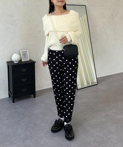 【前後兩穿】一字肩蝴蝶結毛絨針織衫