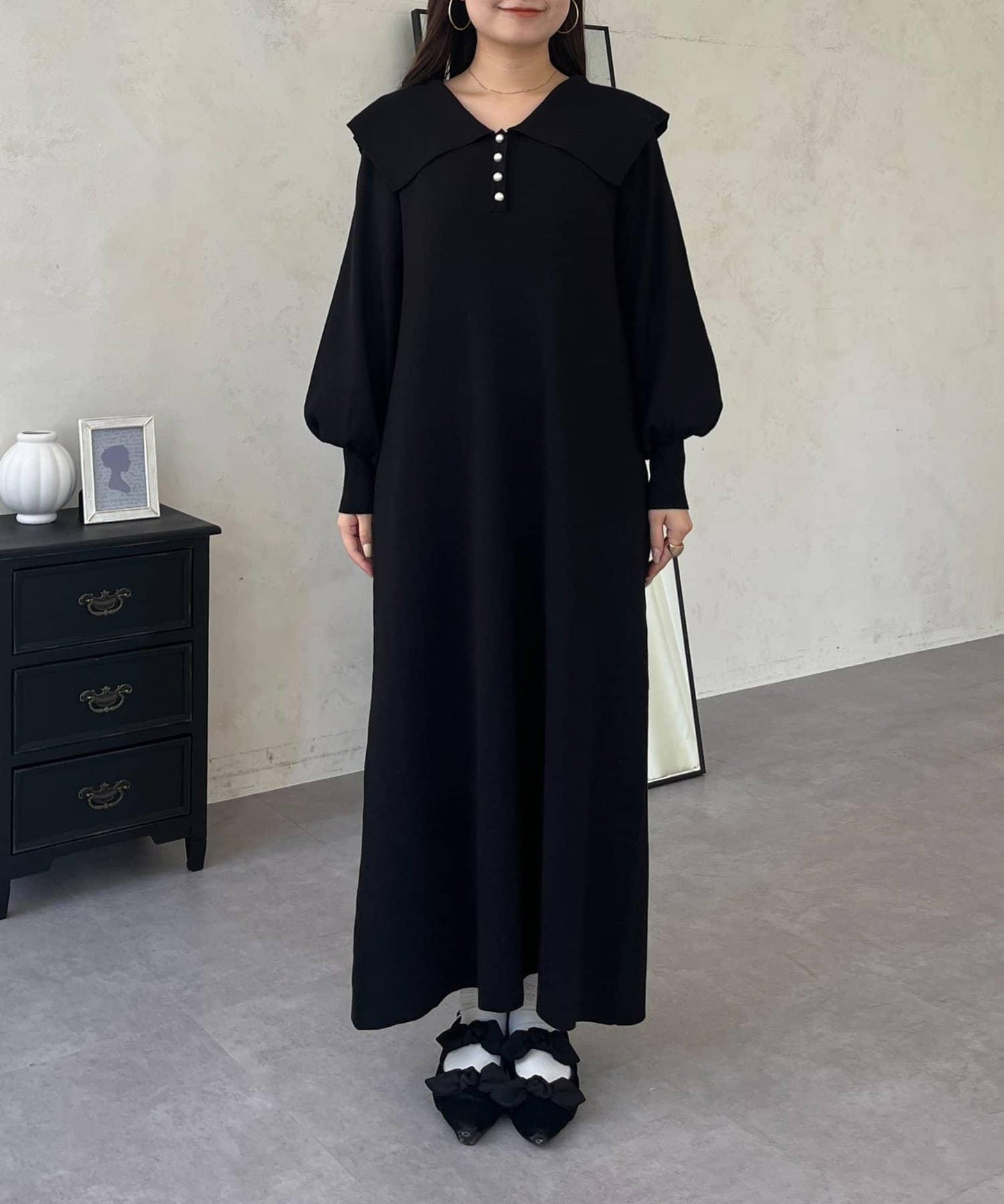 珍珠紐扣水手領針織連衣裙