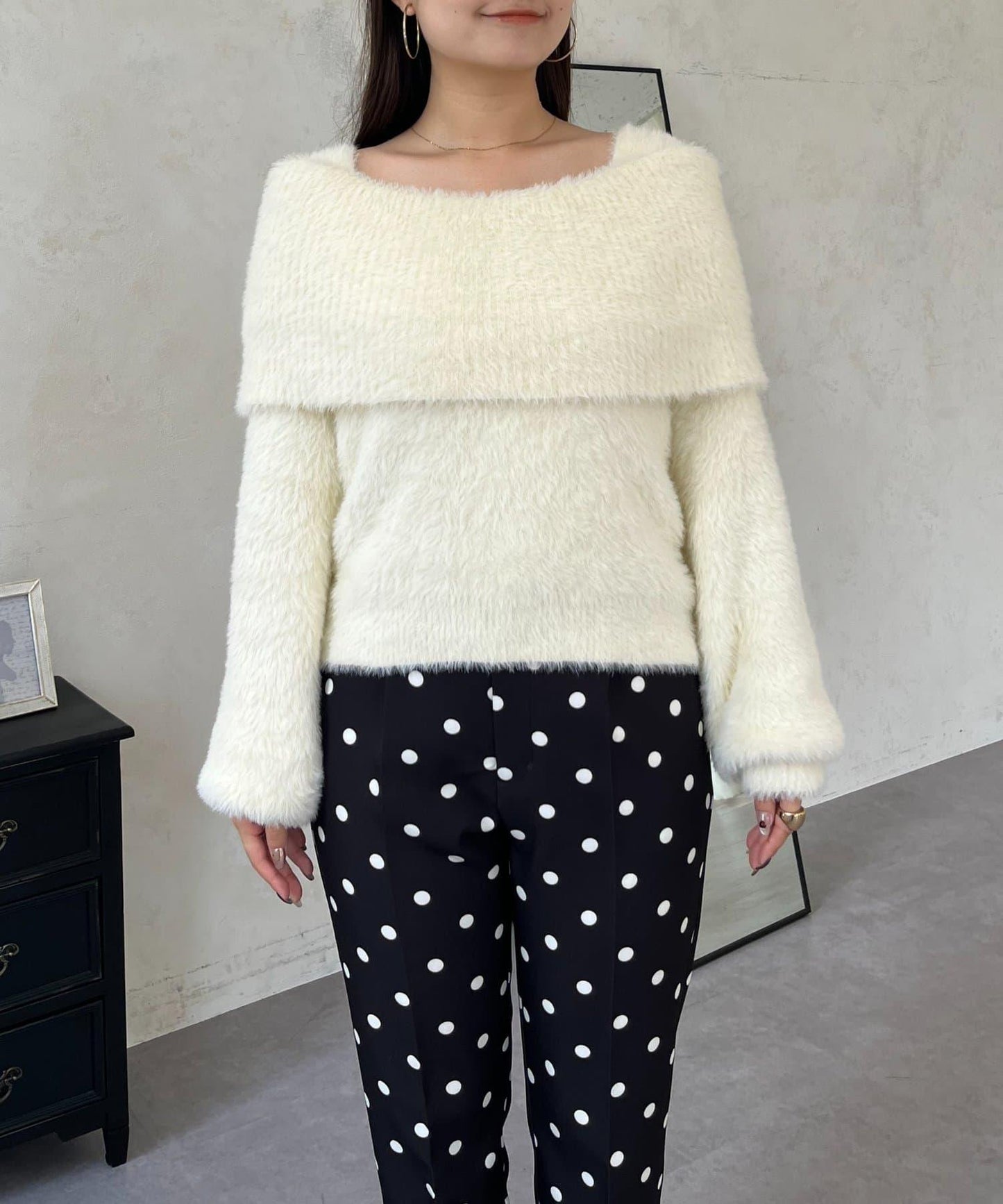 【前後兩穿】一字肩蝴蝶結毛絨針織衫